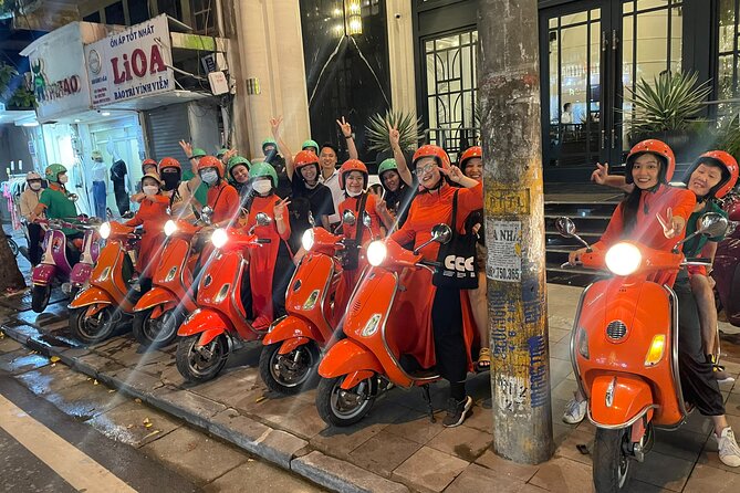 Vespa Female Ao Dai riders Night Street Food + See Train Street - Banh xeo and Hanoi’s grand Opera House